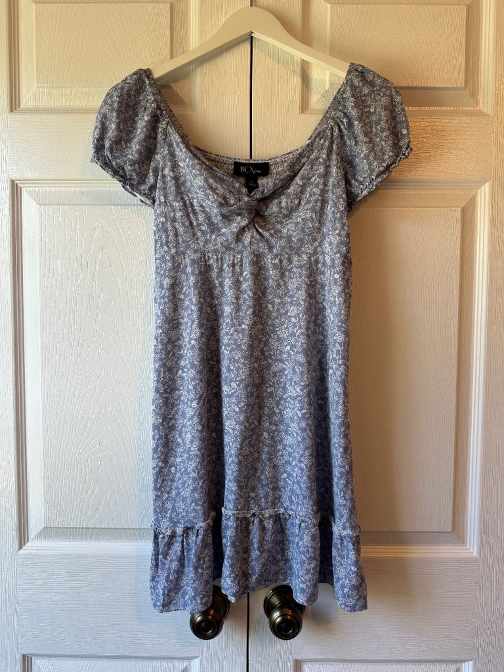 BCX Blue Floral Smocked Puff Sleeve Ruffle Dress S Cottagecore